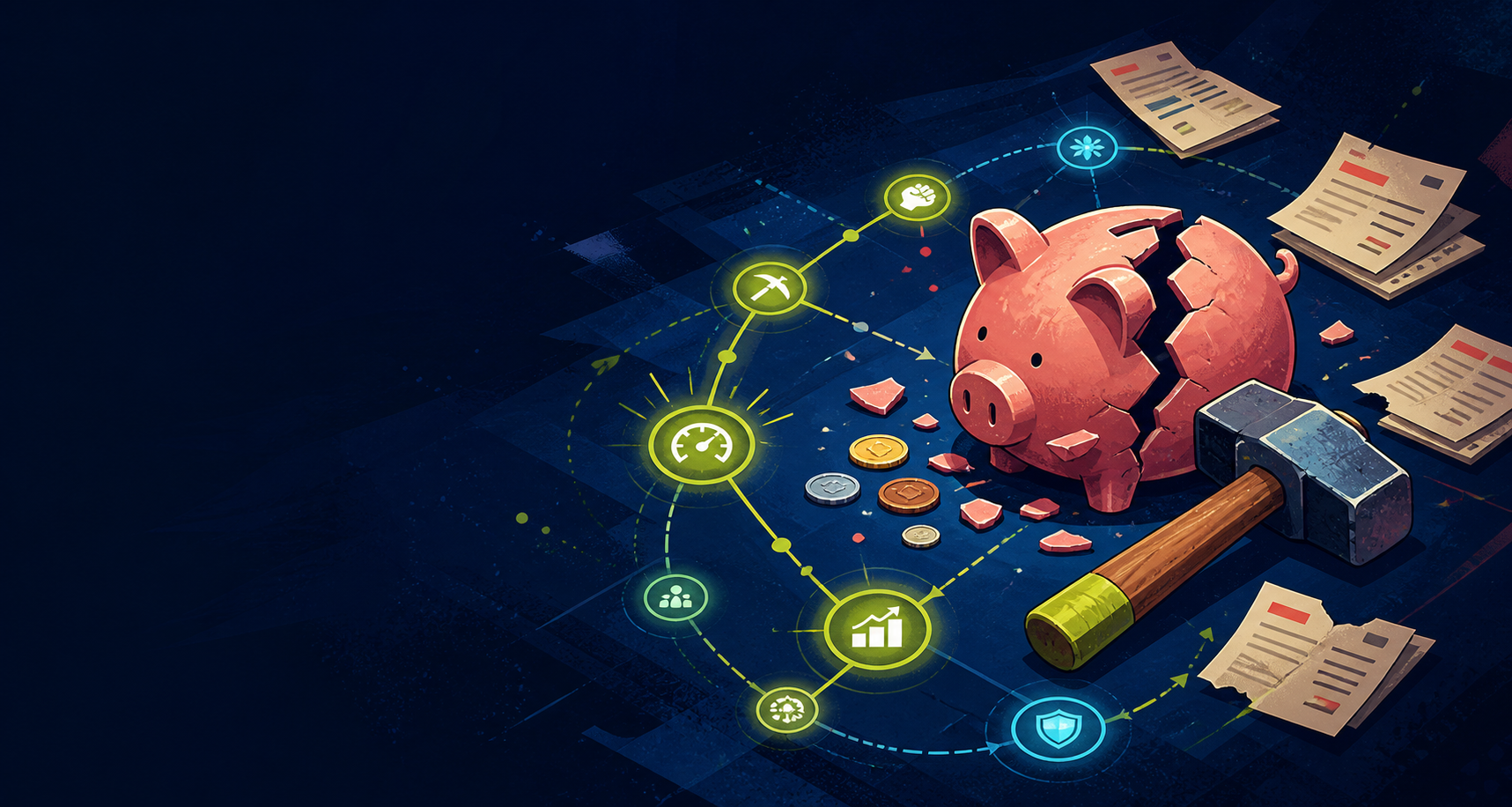 Original collage of bills, a piggy bank, a hammer, and upgrade symbols